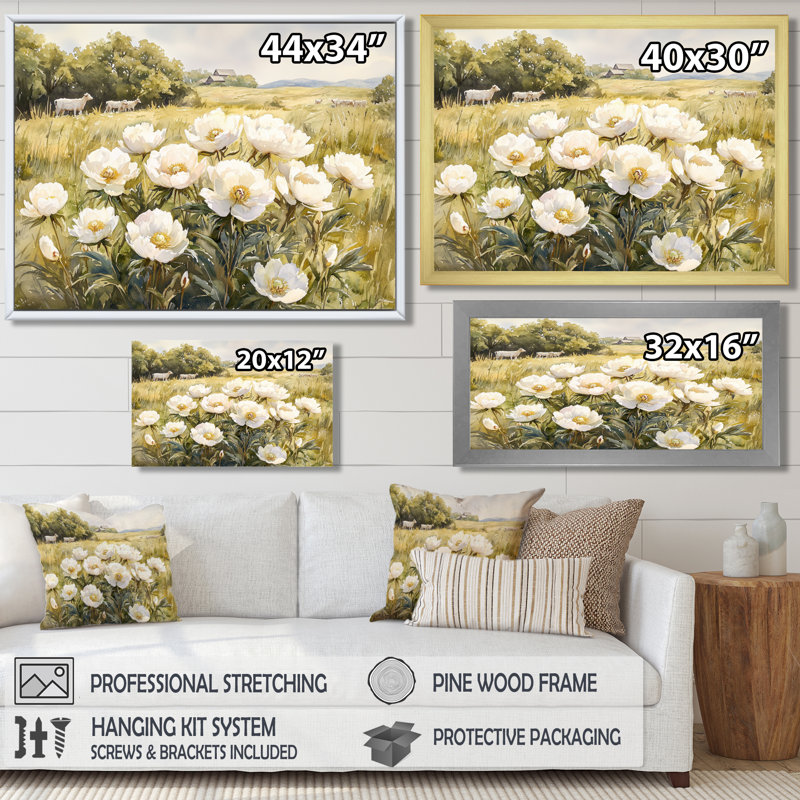 Pivoines près du champ de pâture III - pivoines, art mural, H 34 po x l 44 po, Toile tendue