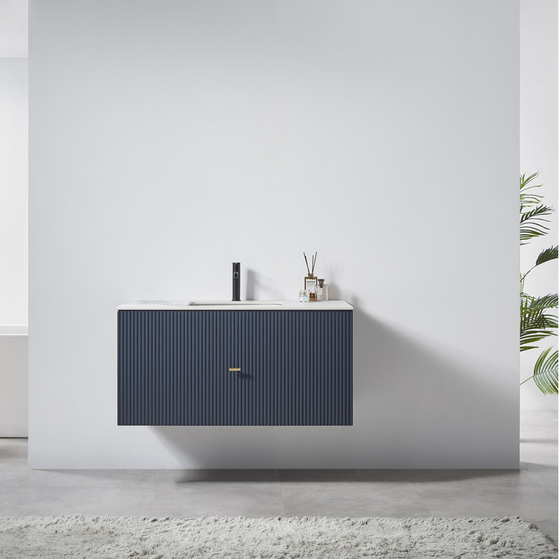 Meuble-lavabo simple 42 po avec plateau en pierre reconstituée Jamell, Bleu très foncé, Blanc