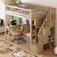 Lit mezzanine simple en bois avec bureau intégré, DEL, tablettes de rangement, armoires et escalier, noyer-1003761971