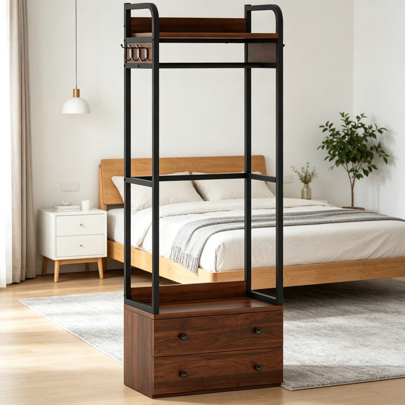 Organisateur de garde-robe autoportant avec tiroirs et tablettes, portemanteau robuste avec 3 barres de suspension et 6 crochets, portemanteau industriel pour entrée, chambre à coucher, couloir, brun rustique