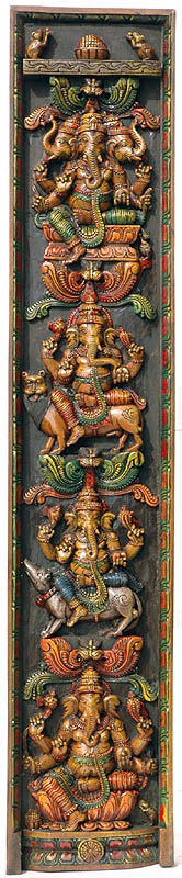 Hand-Carved Wood Ganesha Temple Panel | Traditional Indian Relief Sculpture & Spiritual Wall Decor
