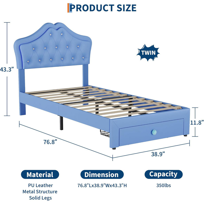 Bed Frame with LED Lights, Upholstered Platform Bed with Storage Drawer, Crystal Tufted Headboard for Kids, Teens, Noise-Free Slats & Easy Assembly