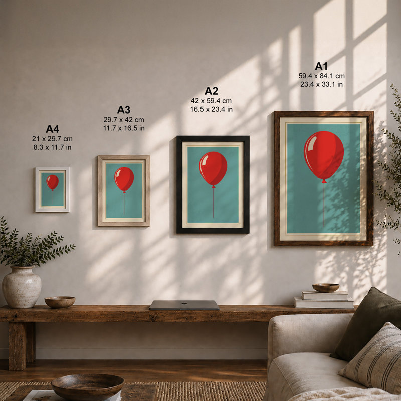 Red Balloon Mid-Century - Framed Print, A1 - 84.1 x 59.4 cm, Oak