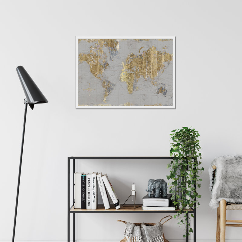 Gilded Map Light Grey by Wild Apple Portfolio - Print, 34cm H x 50cm W, White Framed Paper Print