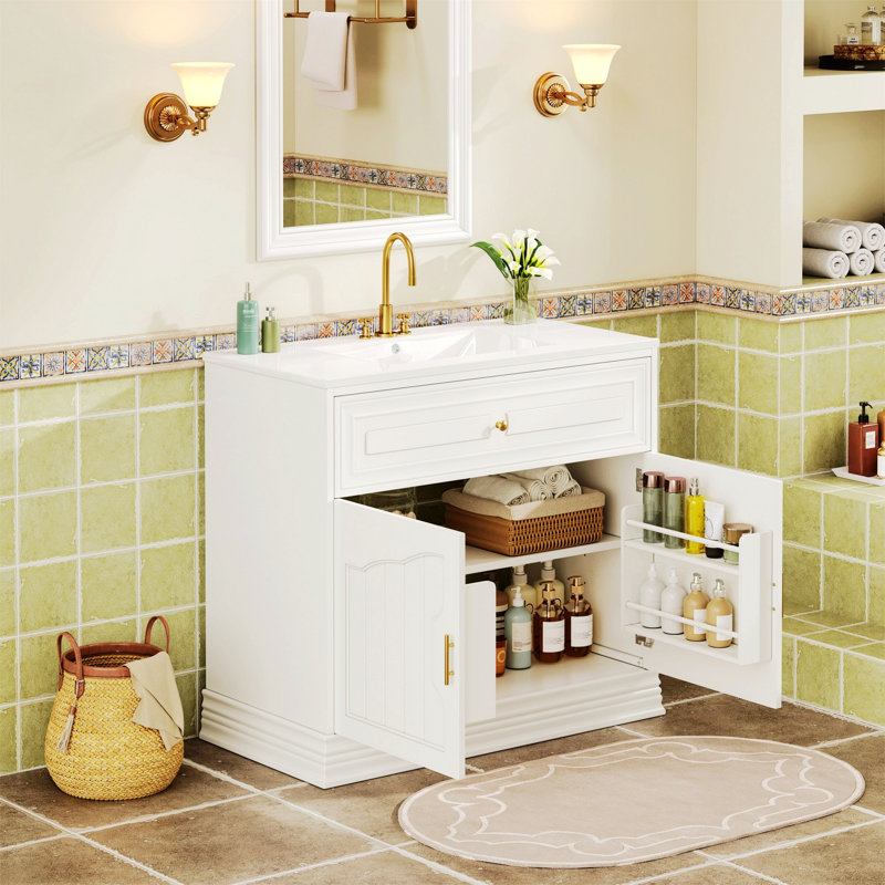 Meuble-lavabo de salle de bain avec lavabo, armoire de salle de bain avec 2 portes à fermeture douce, Blanc