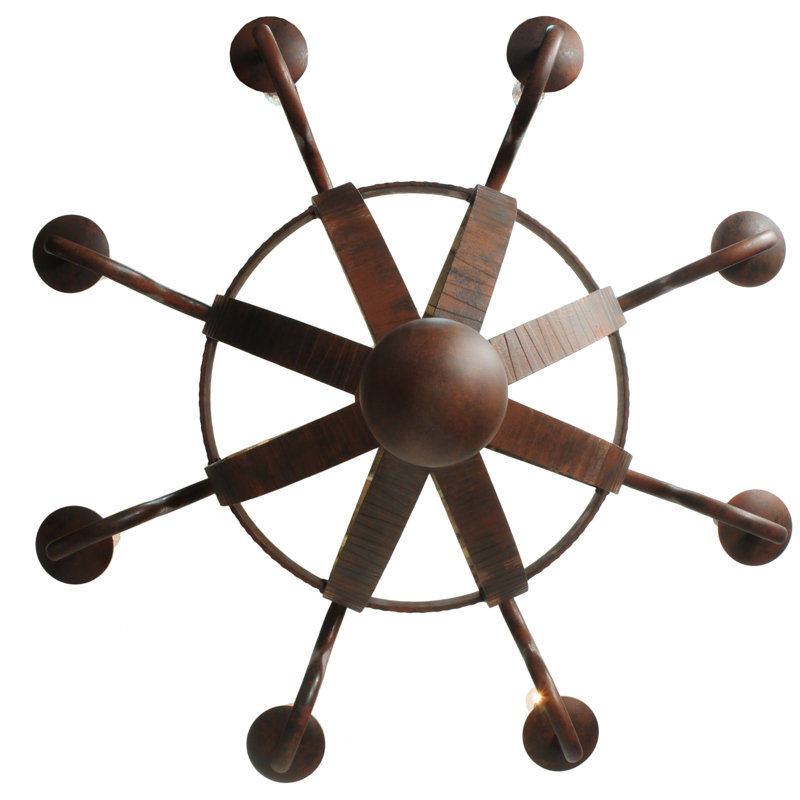 8 - Light Chandelier, Wrought Iron/Natural Wood, 59" H x 44" W x 44" D