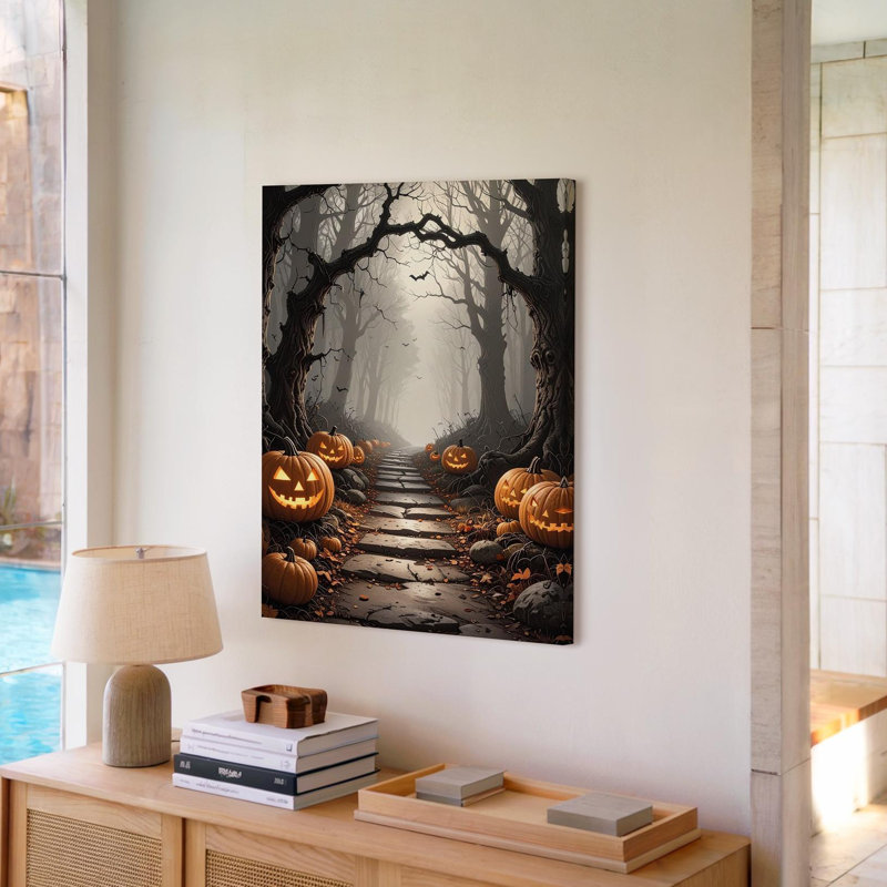 Chemin de forêt hantée incandescent Jack O Lantern Trail dans Halloween brume, art mural sur toile prêt à accrocher
