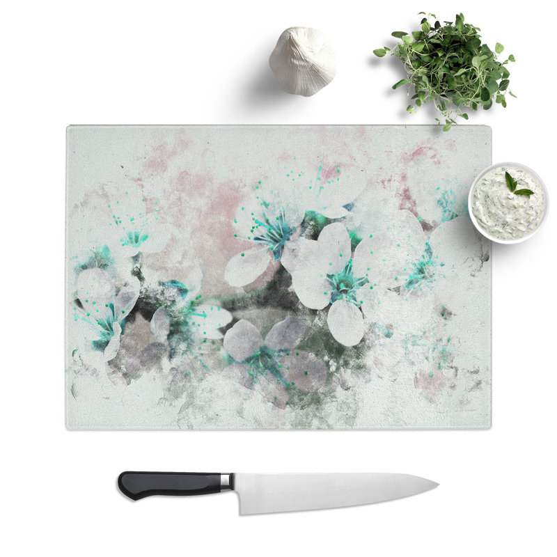 Tempered Glass Cherry Blossom Tree in Bloom Watercolour Chopping Board, 28.5 cm x 39 cm