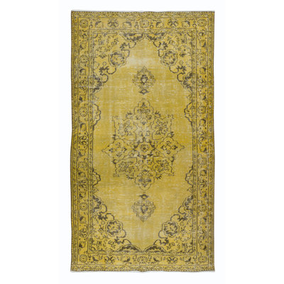 Tapis turc jaune fait à la main 5 x 9 pi avec motif médaillon contemporain