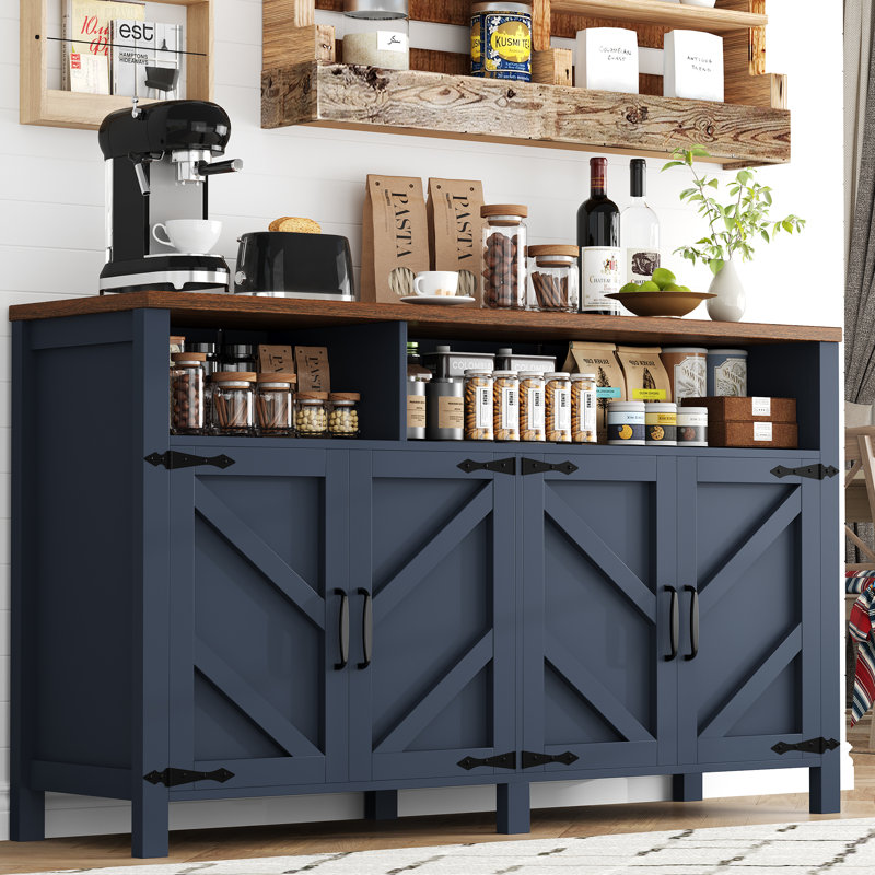 55" Large Buffet Sideboard with 4 Doors, Farmhouse Kitchen Storage Cabinet with Adjustable Shelves, Wooden Cabinet Sideboard and Coffee Bar Cabinet Table for Dining Room, Entryway, Blue