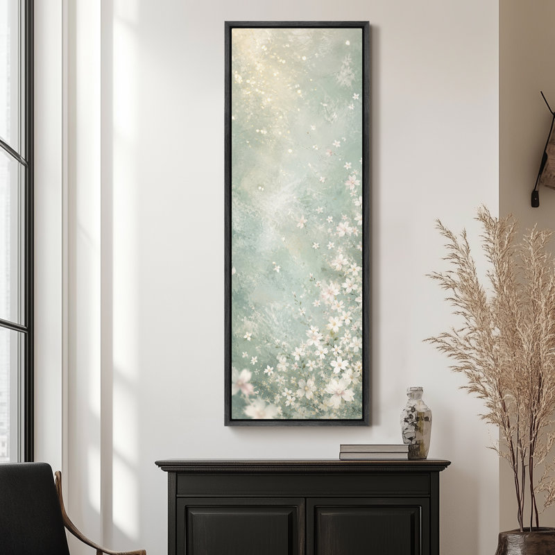 Douce fleur de cerisier vert floral, décoration murale grand jardin, reproduction d'art sur toile encadrée, Noir
