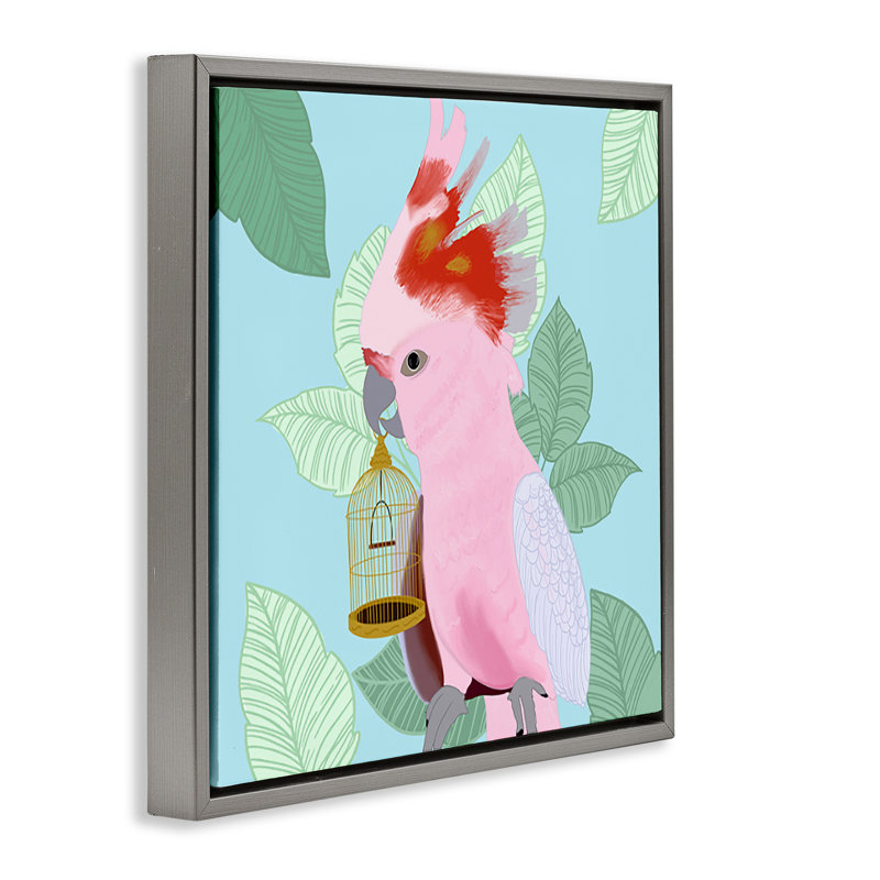 «Pink Cockatoo with Leaves», art mural sur toile flottante noire par Ashley Singleton, Cadre flottant gris lustré