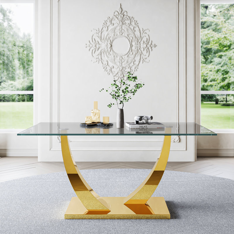 Table de salle à manger rectangulaire en verre 63 po avec base en U en acier inoxydable 63 po, Doré