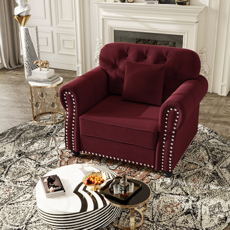 Canapé Chesterfield de 41,3 po en velours avec garniture cloutée et accoudoirs roulés, canapé Mid-Century moderne capitonné avec boutons, bourgogne