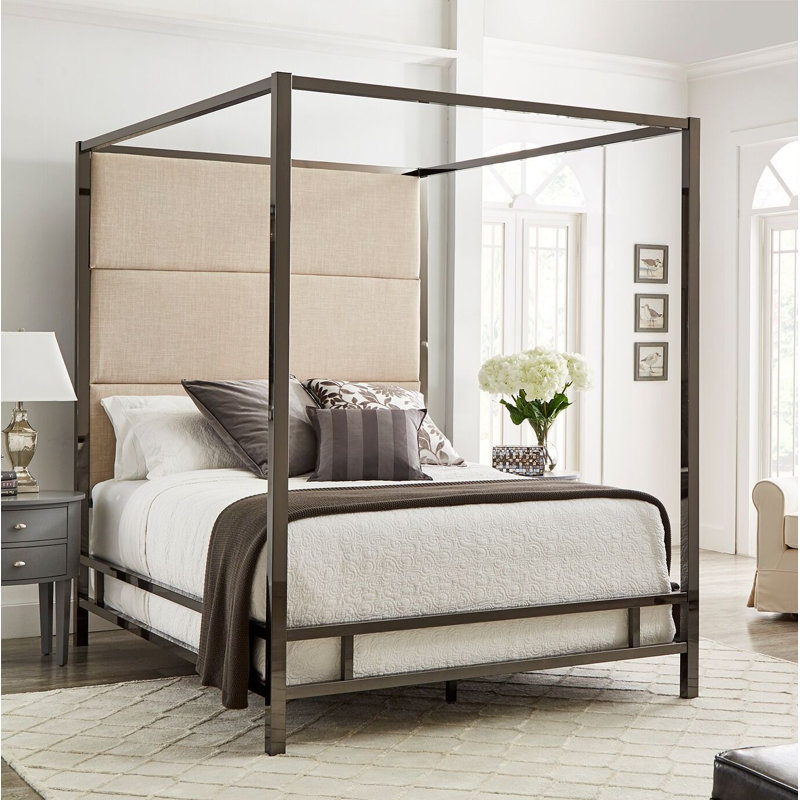 Moyers Upholstered Linen Blend Canopy Bed, King, Black Nickel/Beige Linen