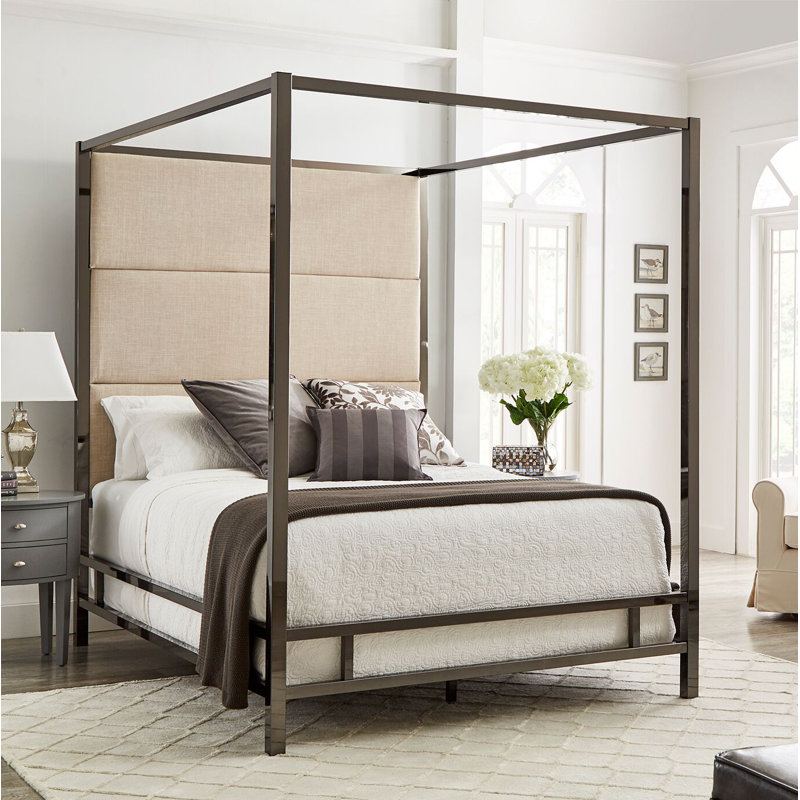 Moyers Upholstered Metal Canopy Bed, Black Nickel/Beige Linen, King