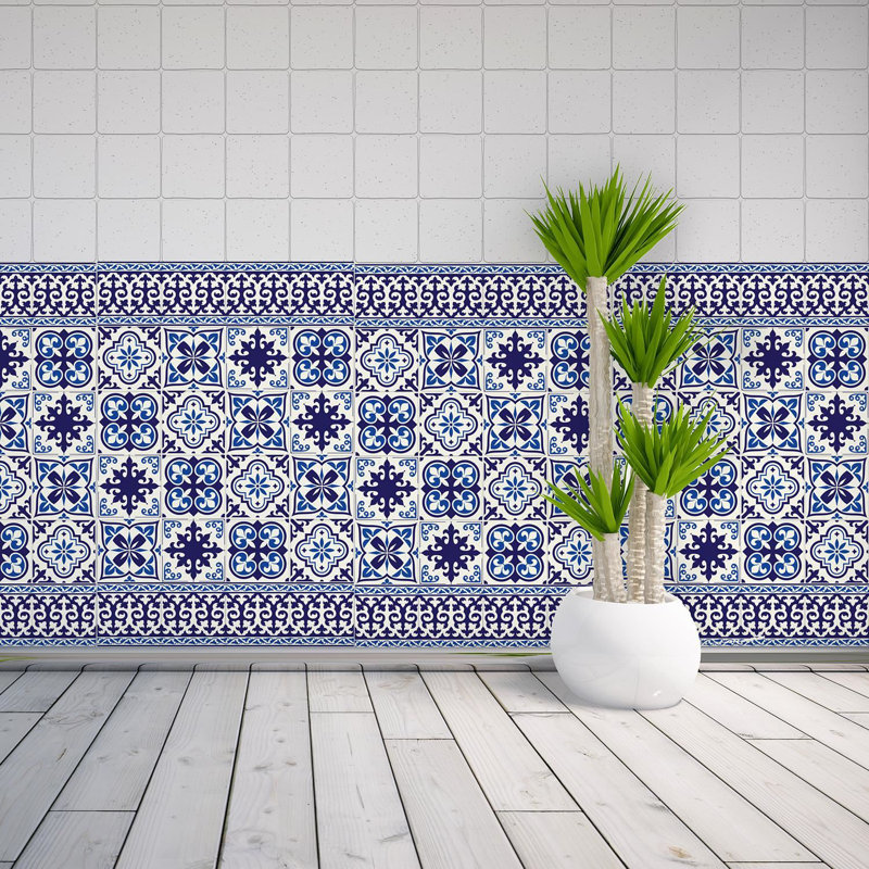 Carreau de terrain pelez et collez en PVC 4 po x 4 po Granada, Bleu / blanc