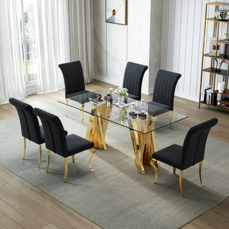 70" Modern Tempered Glass Dining Table Set With Sculptural Stainless Steel Base & Velvet Upholstered Chairs – Sleek Minimalist Design For Contemporary Dining Rooms