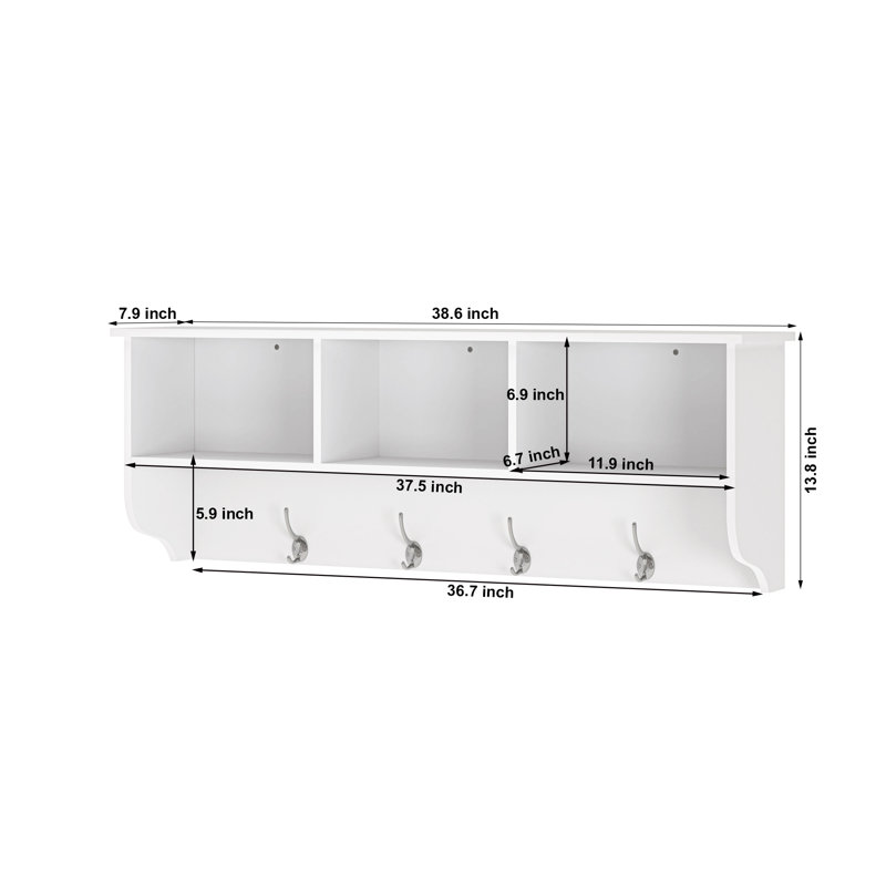 White Wall Mounted Entryway Coat Rack with 4 Dual Hooks - Entryway Storage Shelf for Hallway Organization and Decor