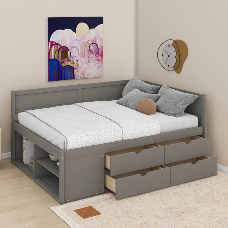 Full Size Daybed With Drawers And Shelves, Gray