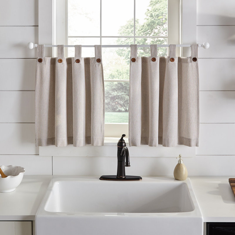 Liviana Cotton Striped Tailored Kitchen Curtain, 30" W x 36" L, Linen
