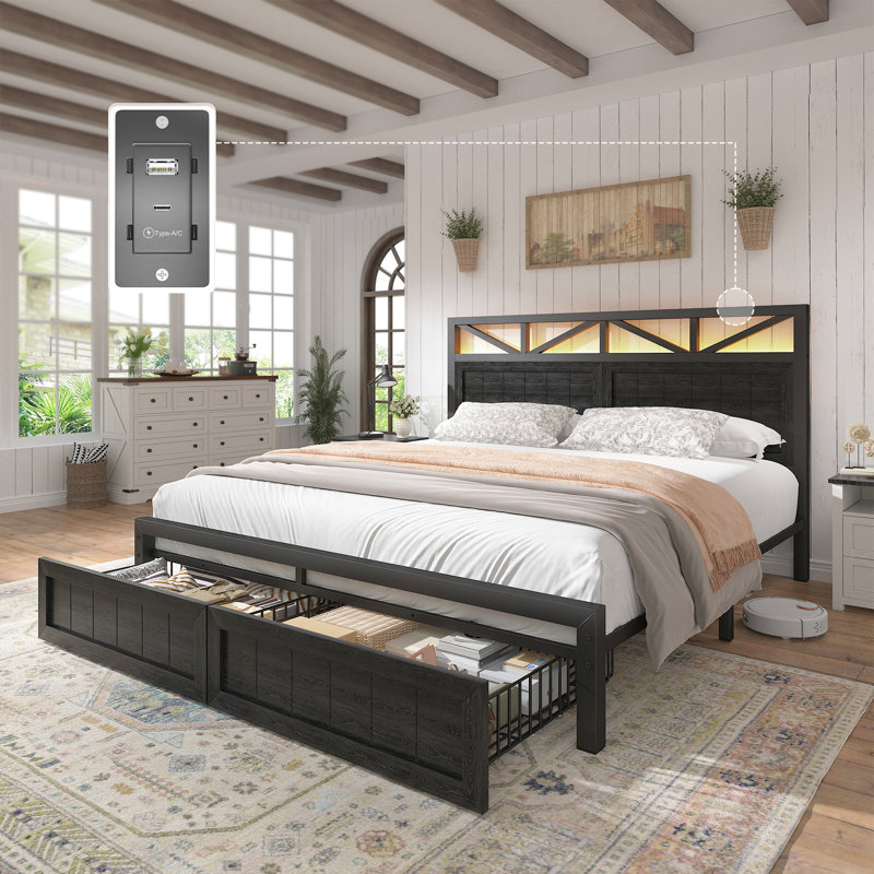 Queen Bed Frame With Headboard, Led Bed Frame With Charging Station, Storage Bed With 2 Wooden Drawers, Full, Black