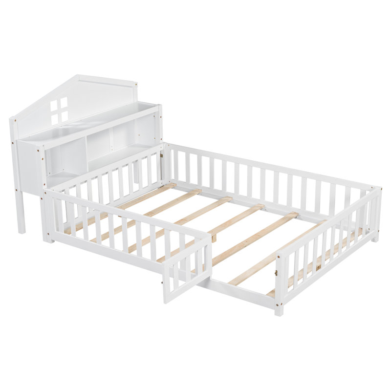 Full-Size Montessori Floor Bed With Bookcases And Blackboards, Versatile Platform Beds With Guard Rails, Solid Wood Floor Beds With Storage Headboards, Floor Beds For Kids And Teens