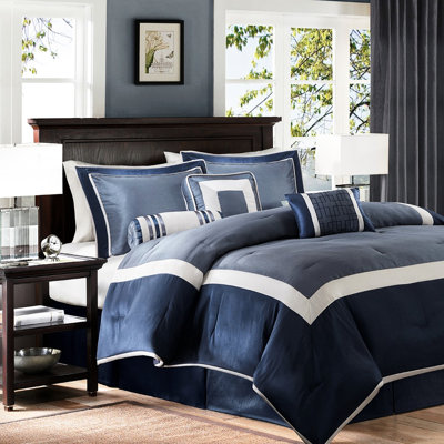 7 Piece Comforter Queen Navy - Hotel Collection Style Bedding Intricate Ribbon Details Fabric