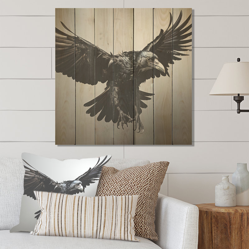 Impression d'un corbeau gris et noir en vol II - animal corbeau sur bois, H 36 po x l 36 po
