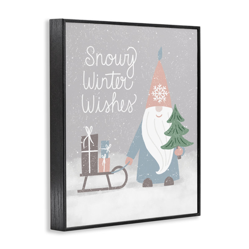 «Snowy Winter Wishes Gnome», estampe numérique, conception de Jilly Jack Designs, 14" H x 11" W, Giclée encadrée noir minuit