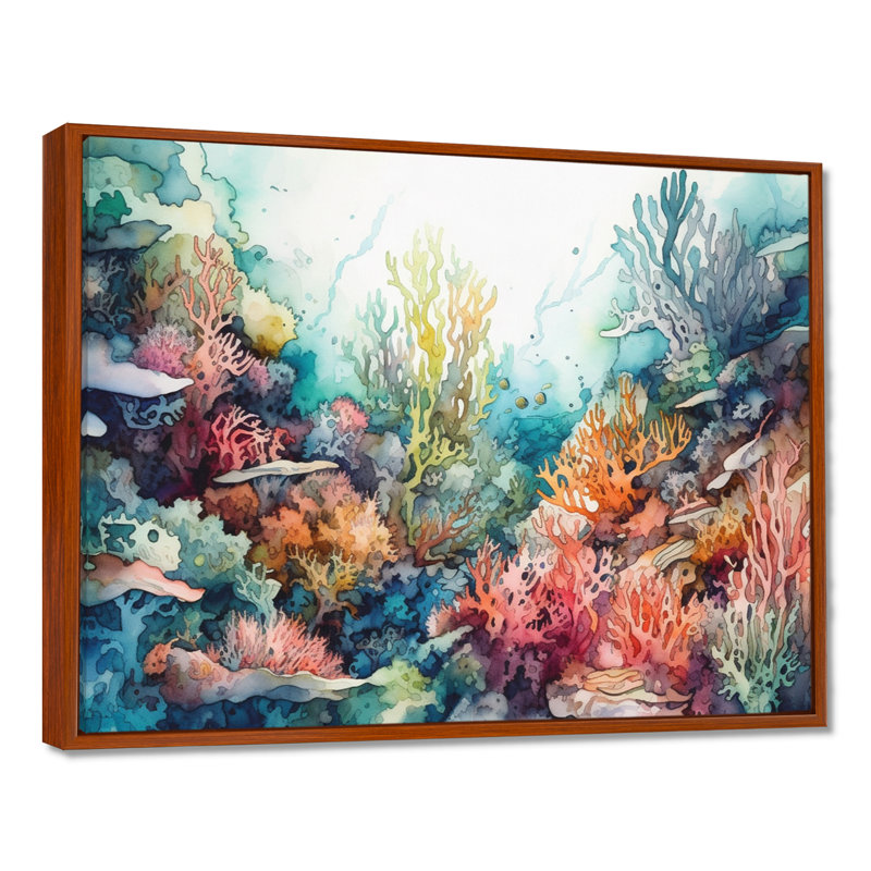 «Vibrant Coral Reef III - Modern Beach», art mural, H 12 po x l 20 po x P 1 po, Cadre flottant brun