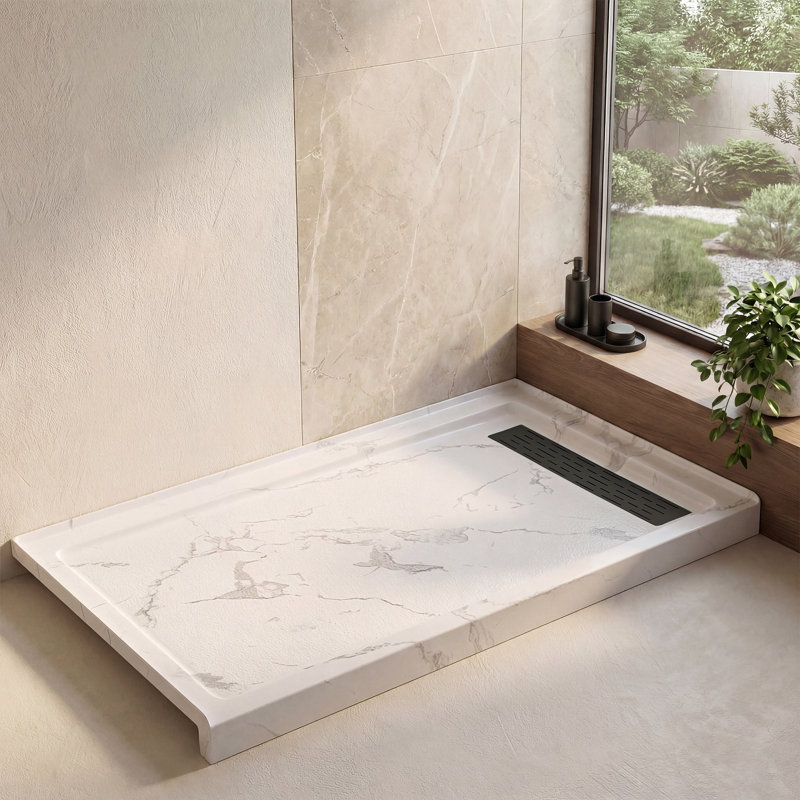 Base de douche rectangulaire l 60 po x P 36 po, plateau de douche en acrylique d'aspect marbre avec texture antidérapante