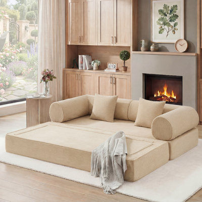 78‘’Foldable Compression Modular Corduroy Sofa Bed, Convertible With Deep Seat And Soft Cushions, No Assembly Required