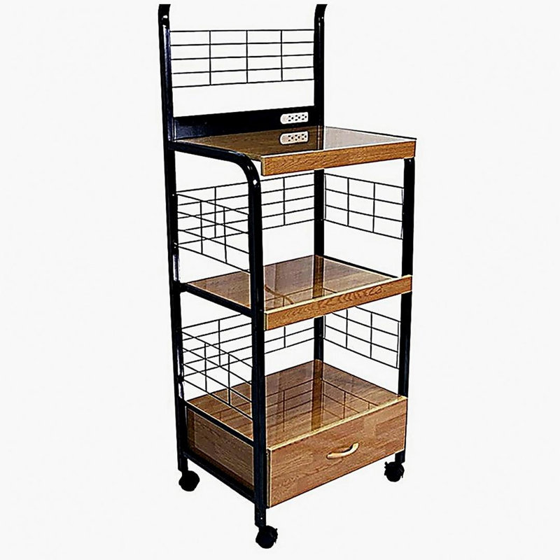 59.5" Tall 4-Tier Microwave Kitchen Cart with Drawer and Outlet, Black and Natural, Brown