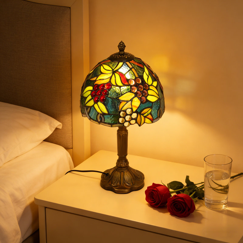 Tiffany Style Stained Glass Table Lamp, Grape & Leaf Floral Bedside Nightstand Lamp with Antique Bronze Base, Vintage Bedroom Living Room Accent Lighting