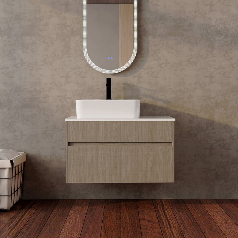 Meuble-lavabo mural de 81 cm (32 pouces) avec lavabo décoratif en céramique, panneau plat en PVC, 2 portes à fermeture amortie et 1 tiroir, emballage amovible, panneaux de particules