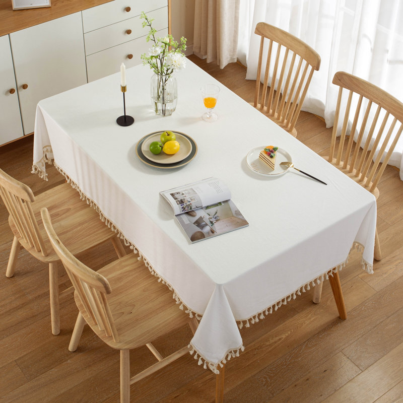 High Quality Washable Cotton Wrinkle Free Tablecloth With Tassel, 86" L x 55" W, White