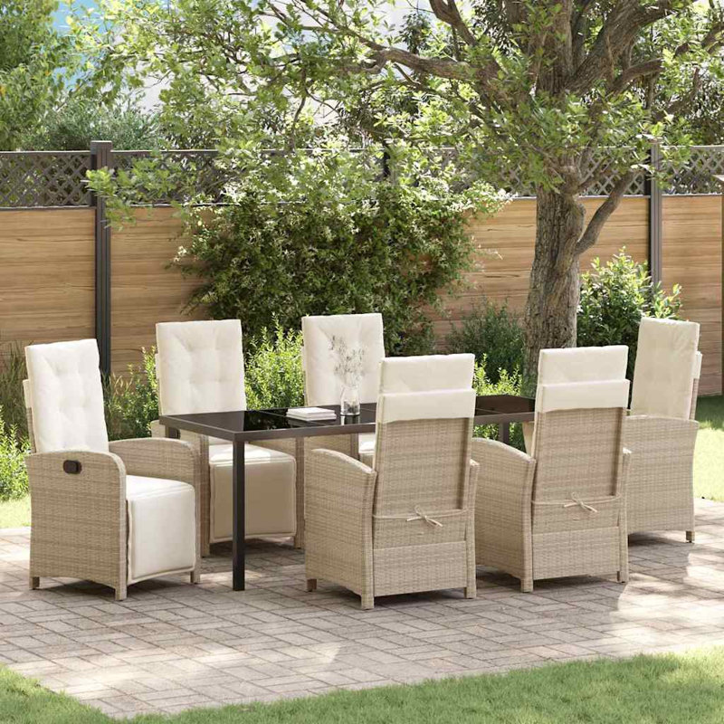  Ensemble de salle à manger de jardin avec coussin 7 pièces en rotin de polyester beige, Beige Cushion/Natural Frame, 6