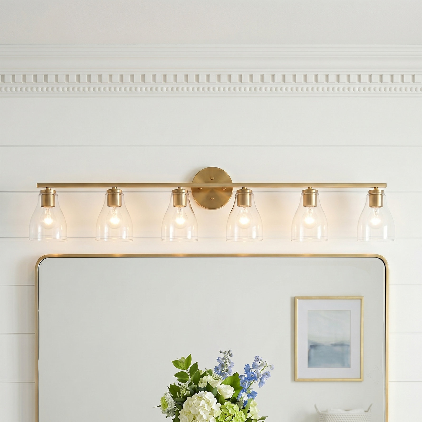 Keston Dimmable Vanity Light, 10" H x 49.5" W x 6.5" D, Brushed Brass, 6 Lights