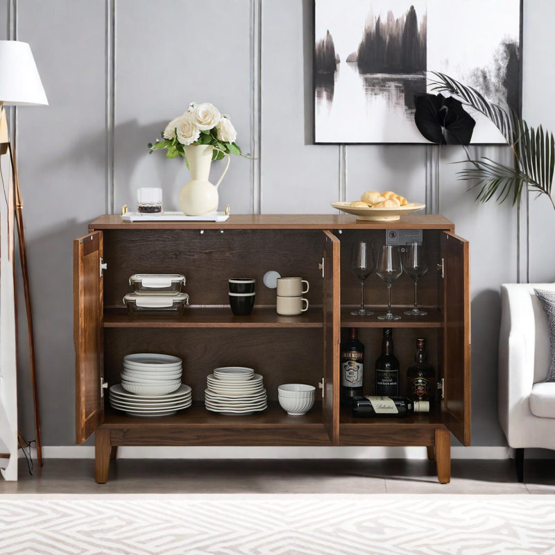 Buffet 44,3 po Mid-Century avec rangement, 3 portes avec tablettes réglables, Noyer