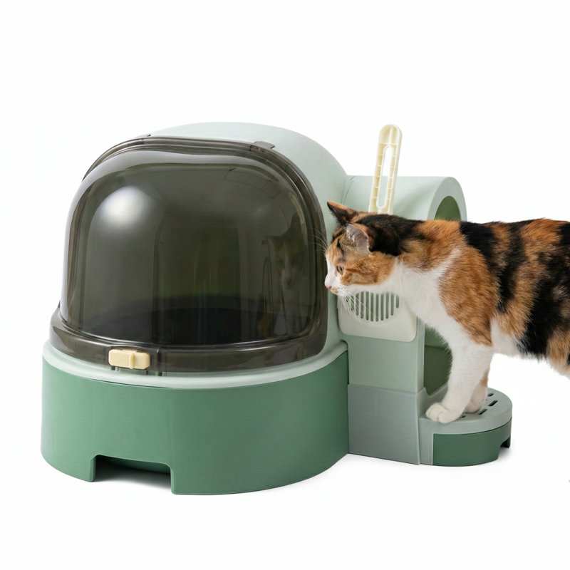 Enclosed waste receptacle for felines.