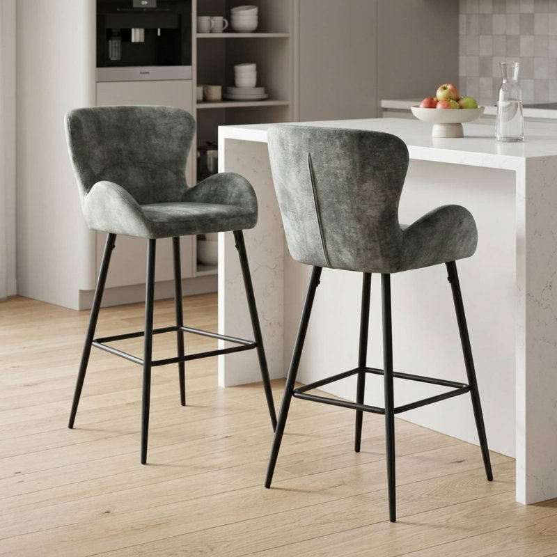 Ferrier Linen/Velvet Upholstered 29.53'' Bar Stool with Metal Frame, Gray Velvet
