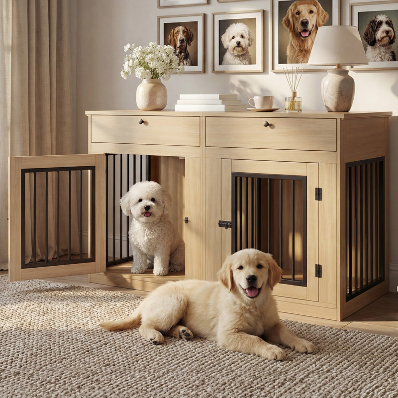 Console à double porte pour cage de chien avec tiroirs de rangement, Natural
