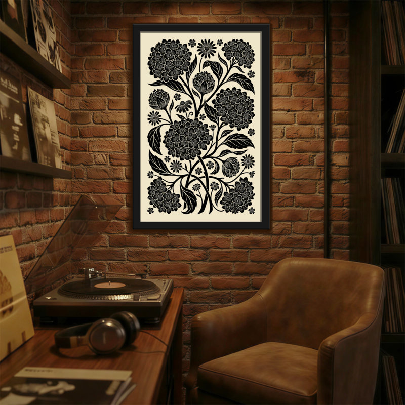 Plantes et fleurs à motif floral noir sur fond crème, H 30 po x l 20 po