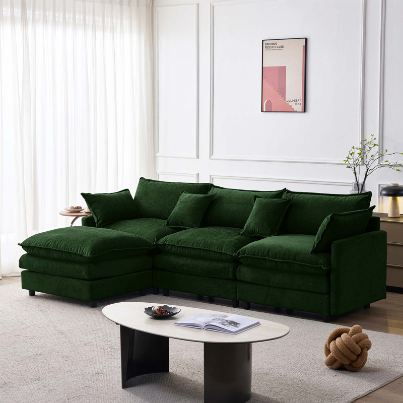 Canapé modulaire modulaire en chenille avec repose-pieds, Chenille - Vert