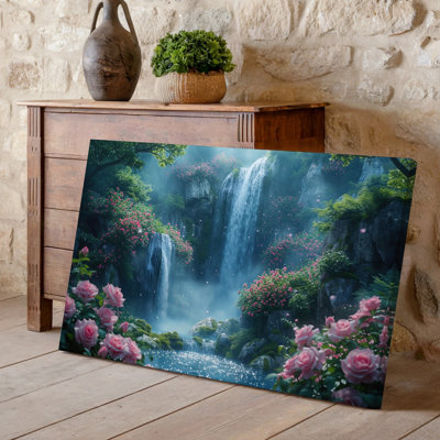 Canvas A Serene Fantasy Landscape Featuring Cascading Waterfalls Flowing Down Rocky Wall Art Cliffs Adorned With Vibrant Pink Roses Canvas Wall Art