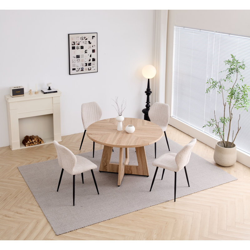 5 Piece 47'' Round Dining Table Set For 4, Farmhouse Kitchen Table With 4 Boucle Modern Dinning Room Chairs, Beige/Black