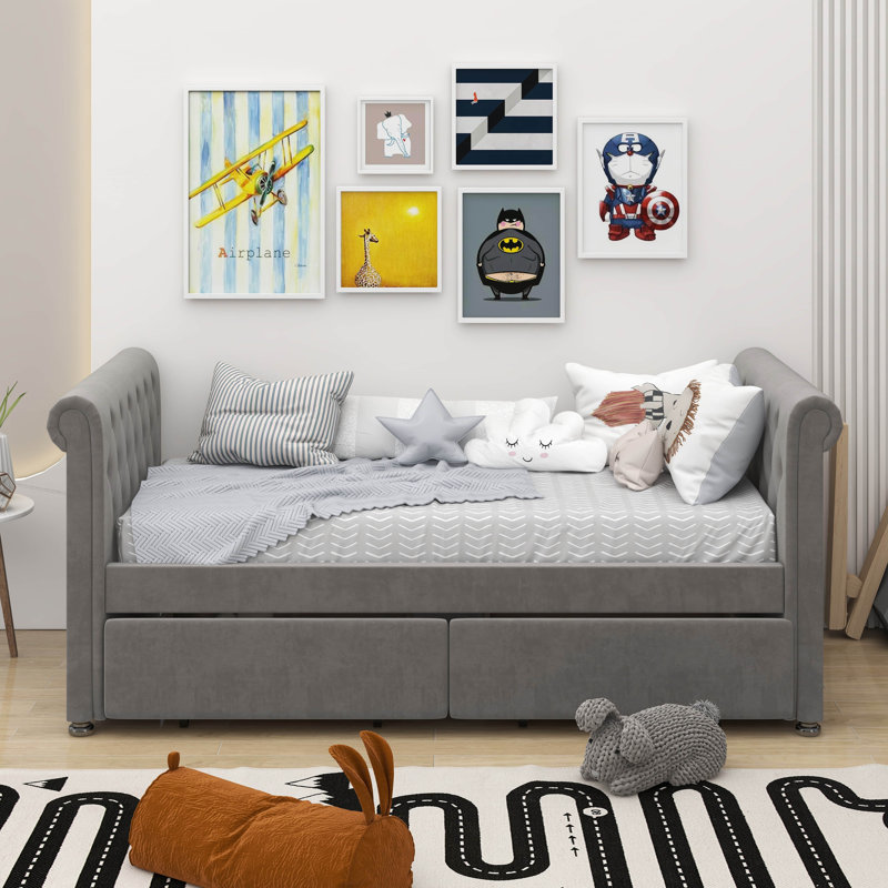 Lit de jour simple tapissier avec tiroirs, support en lattes de bois, Gris