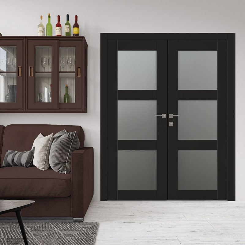 Portes doubles en bois manufacturé Avon 3 Lite, L 55,5 po x H 95,24 po, Noir, Gauche
