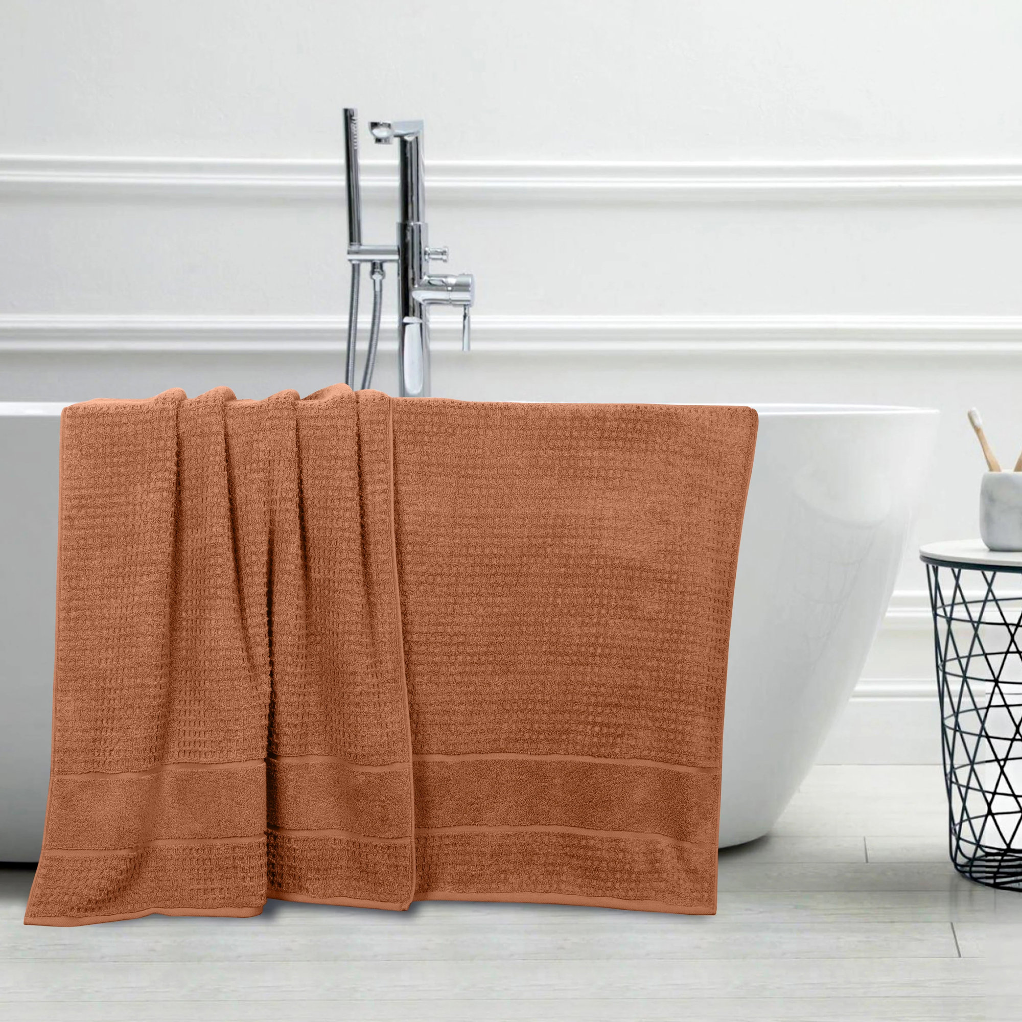 Hiyabel Zero Twist Cotton Solid Waffle Honeycomb Plush Soft Absorbent Medium Weight Bath Sheet, Rust